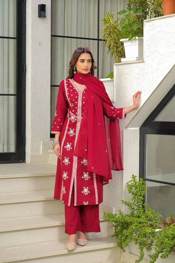 Wine_Red_Cotton_Embroidered_Kurta_Palazzo_Set_With_Dupatta