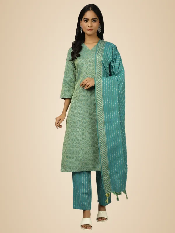Sea_Green_Jaipur_Kurti_Sea_Green_Self_Design_Cotton_Blend_Suit_Set