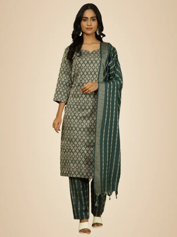 Dark_Green_Jaipur_Kurti_Dark_Green_Self_Design_Cotton_Blend_Suit_Set
