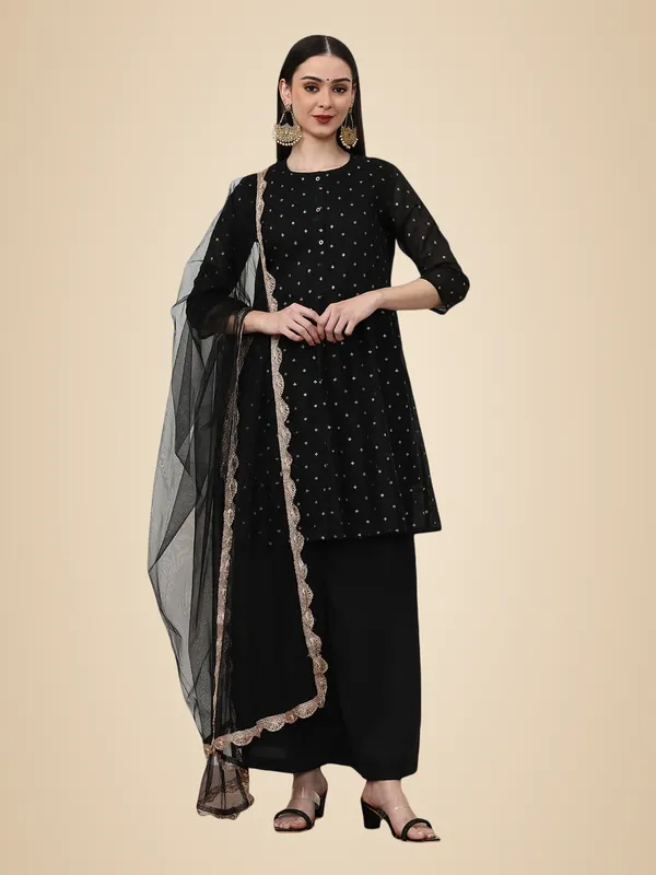 Black_Jaipur_Kurti_Printed_Chanderi_Cotton_Floral_Kurta_Sets_With_Net_Dupatta