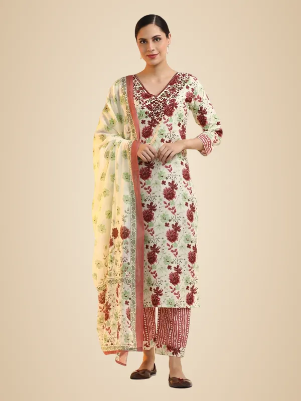 Cream_Jaipur_Kurti_Embroidered_Pure_Cotton_Floral_Kurta_Sets_With_Dupatta
