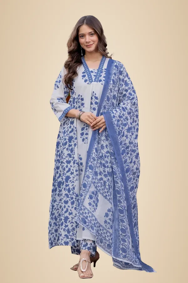 Teal_Blue_Pure_Cotton_Block_Printed_Ethnic_Wear_Kurta_And_Palazzo_Pants_And_Dupatta_Set