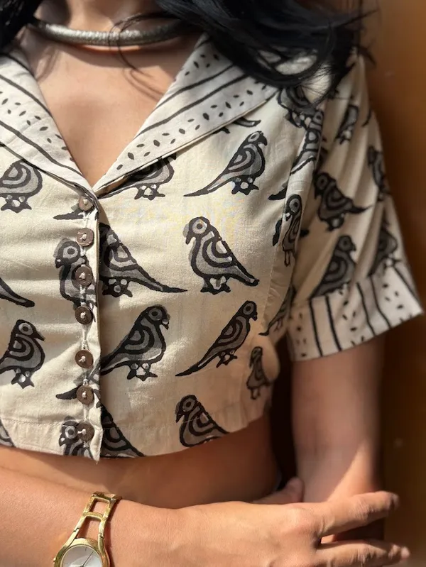 Ivory_Bird_Motif_Handblock_cotton_blouse_With_V-collar