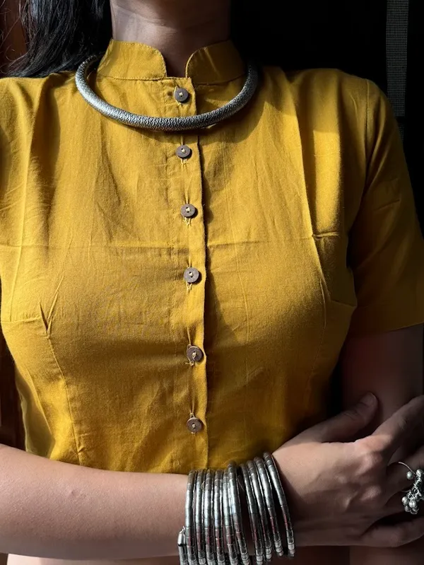 Sunflower_Yellow_Mandarin_Collar_Cotton_Blouse