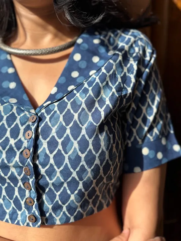 Indigo_Blue_Polka_V_collar_Readymade_Cotton_Blouse