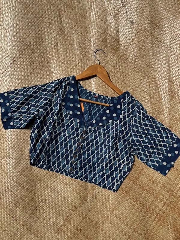 Indigo_Blue_Polka_V_collar_Readymade_Cotton_Blouse