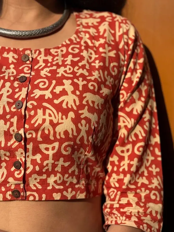 Terracotta_Script_Handblock_Cotton_Blouse_with_Elbow_length_Sleeves