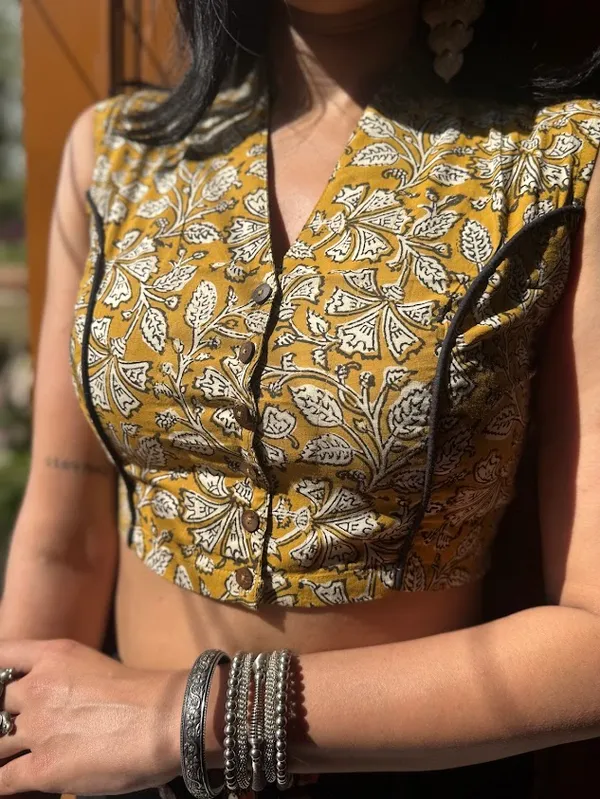 Mustard_Handblock_Readymade_Cotton_Sleeveless_Blouse