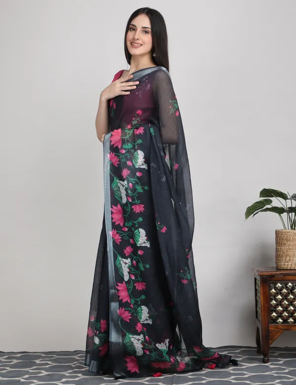 Tantvi_Bloom_Dynasty-black_Cotton_Linen_Saree