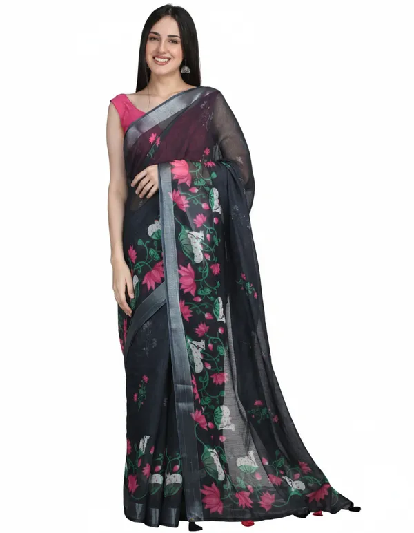 Tantvi_Bloom_Dynasty-black_Cotton_Linen_Saree