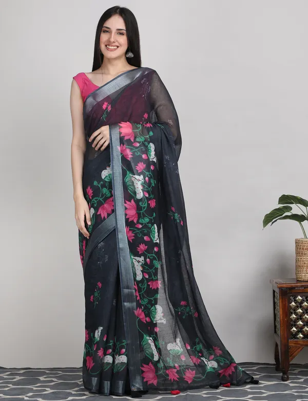 Tantvi_Bloom_Dynasty-black_Cotton_Linen_Saree