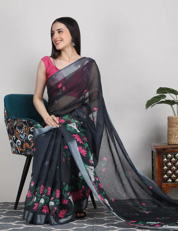 Tantvi_Bloom_Dynasty-black_Cotton_Linen_Saree