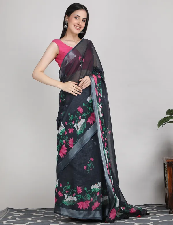 Tantvi_Bloom_Dynasty-black_Cotton_Linen_Saree