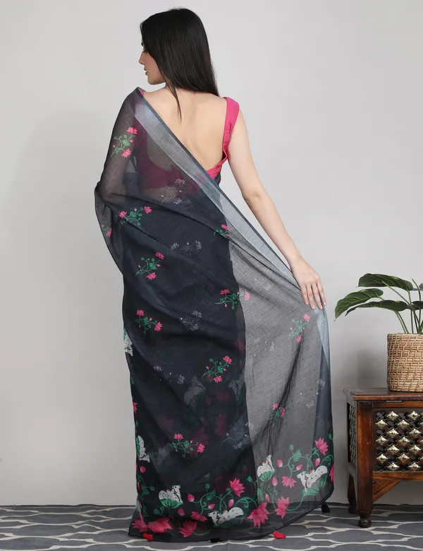 Tantvi_Bloom_Dynasty-black_Cotton_Linen_Saree
