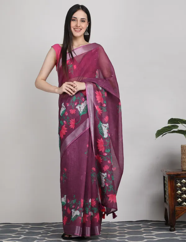 Tantvi_Bloom_Dynasty-Wine_Cotton_Linen_Saree