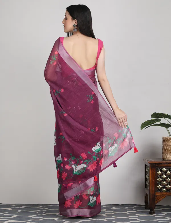 Tantvi_Bloom_Dynasty-Wine_Cotton_Linen_Saree
