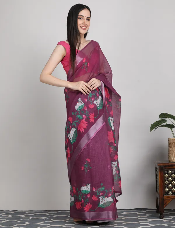 Tantvi_Bloom_Dynasty-Wine_Cotton_Linen_Saree