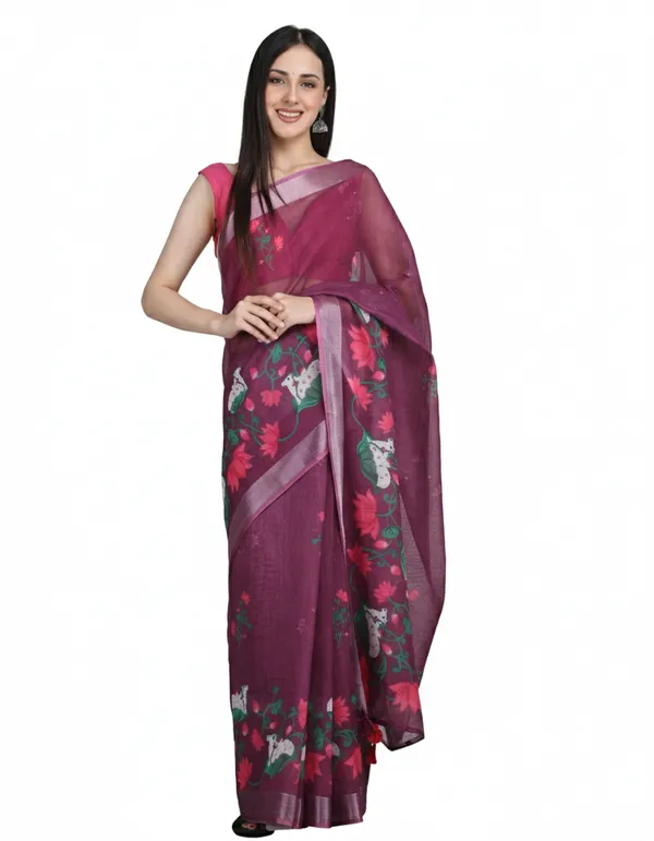 Tantvi_Bloom_Dynasty-Wine_Cotton_Linen_Saree