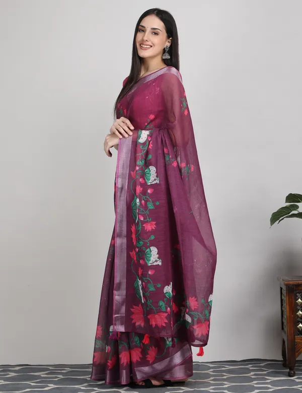 Tantvi_Bloom_Dynasty-Wine_Cotton_Linen_Saree