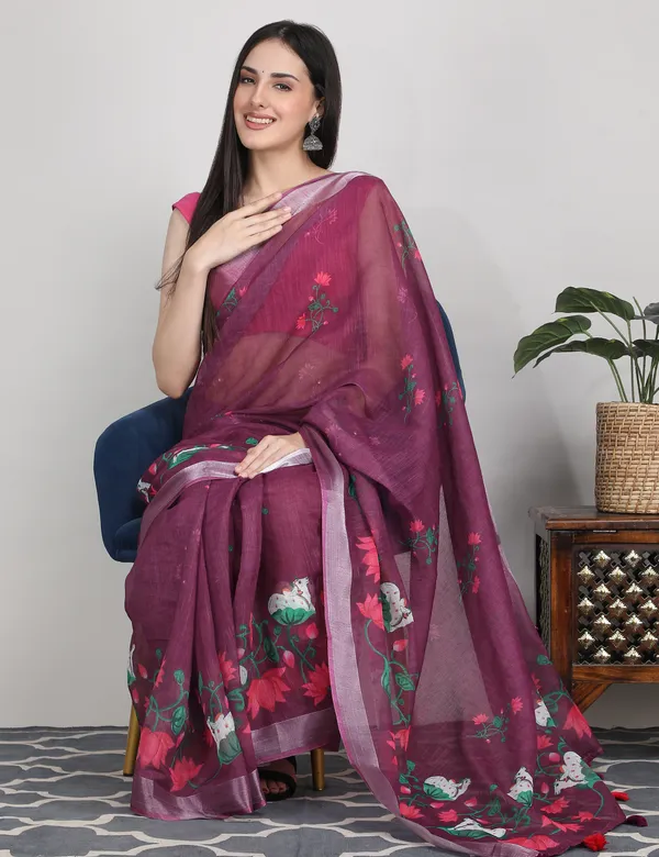 Tantvi_Bloom_Dynasty-Wine_Cotton_Linen_Saree