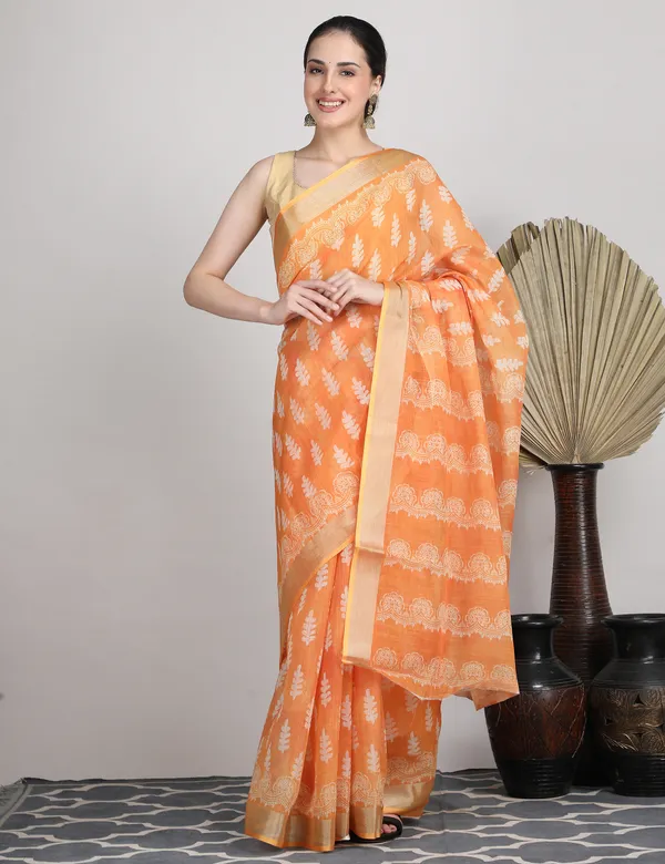 Tantvi_Tangerine_Taar_Cotton_Linen_Saree