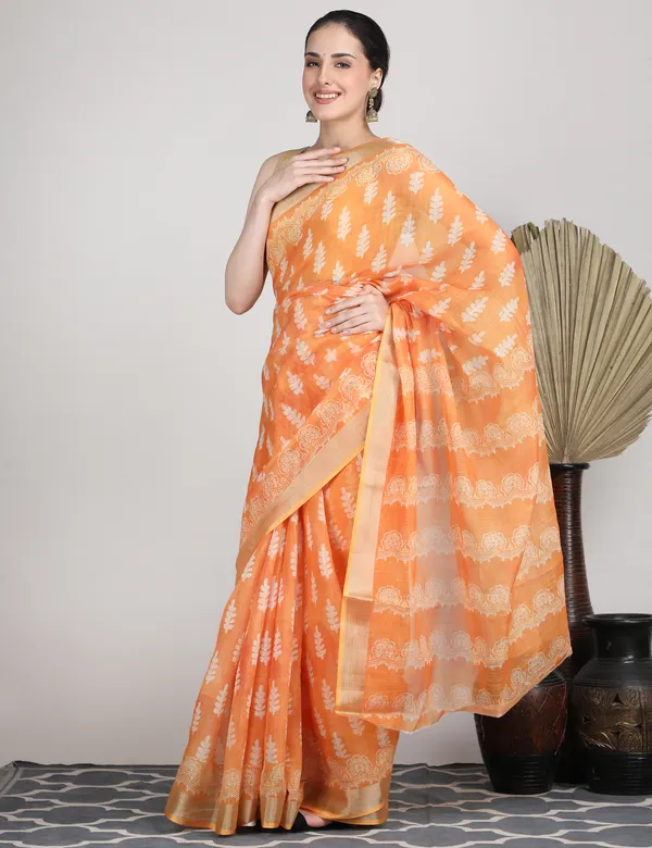 Tantvi_Tangerine_Taar_Cotton_Linen_Saree