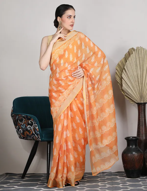 Tantvi_Tangerine_Taar_Cotton_Linen_Saree