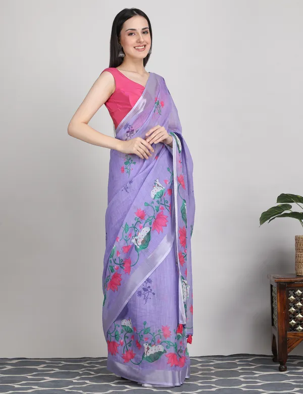 Tantvi_Bloom_Dynasty-Lilac_Cotton_Linen_Saree