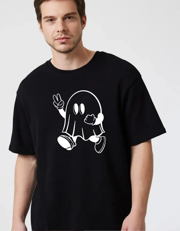 Black_Cotton_Blend_Trendy_Smallghost_T-Shirt_For_Men