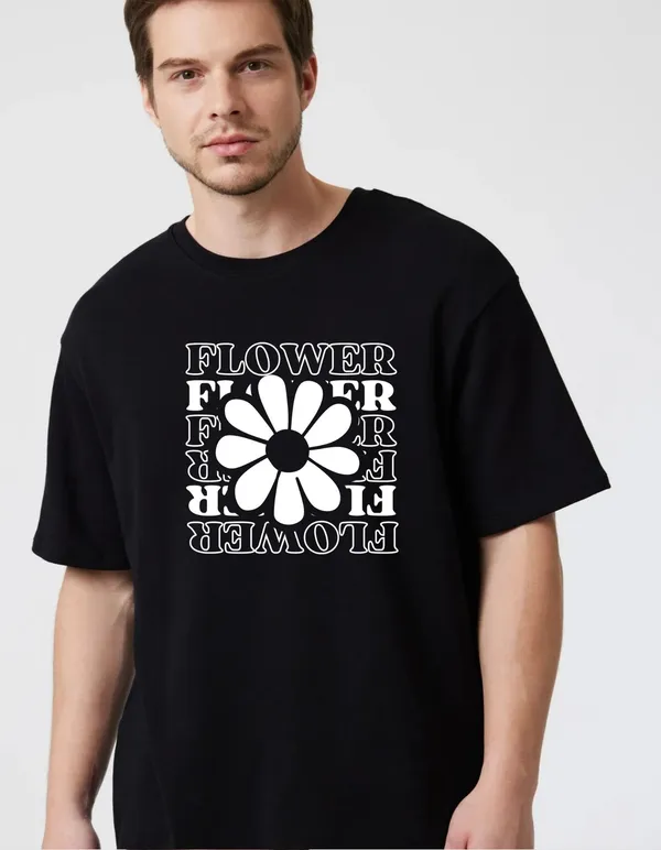 Black_Cotton_Blend_Trendy_Flower_T-Shirt_For_Men