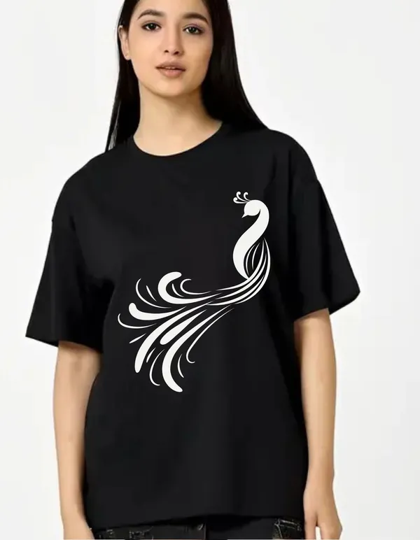 Black_Cotton_Blend_Trendy_Peacock_2_T-Shirt_For_Women