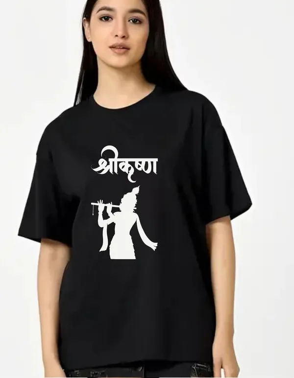 Black_Cotton_Blend_Trendy_Shri_Krisna_T-Shirt_For_Women