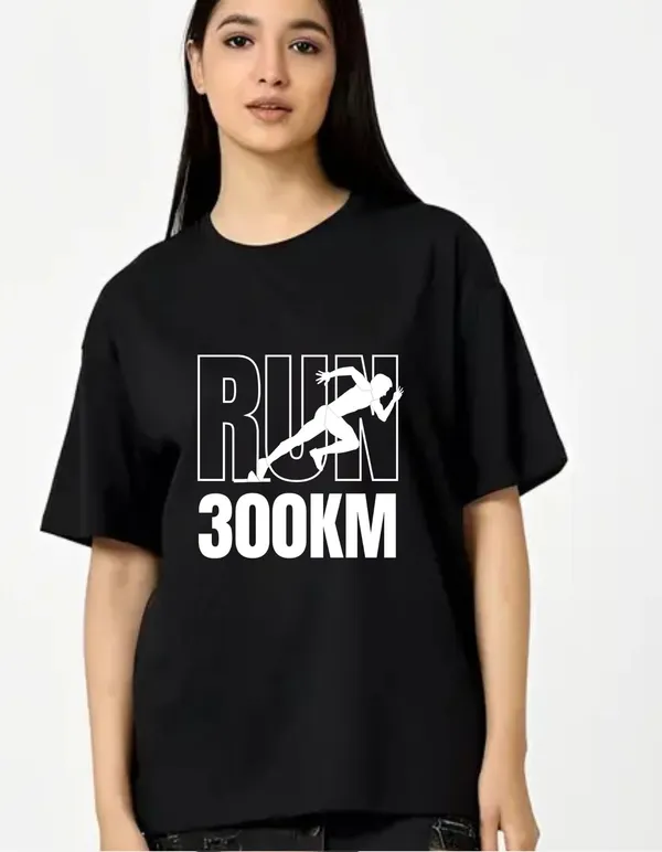Black_Cotton_Blend_Trendy_Run_300Km_T-Shirt_For_Women