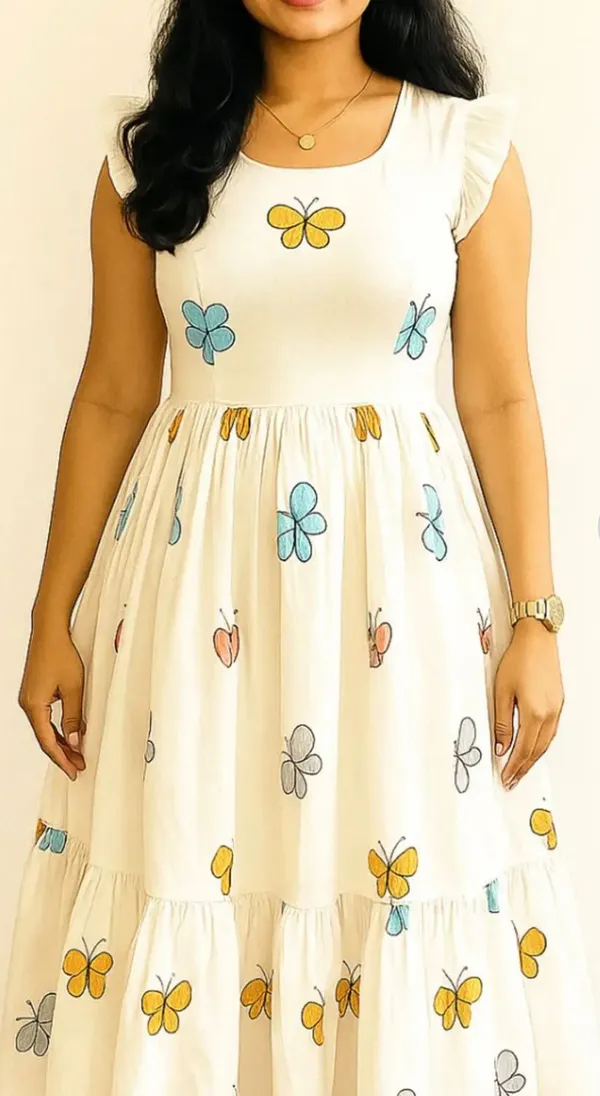 Casual_Floral_Printed_Anarkali_Kurti_Midi_For_Women's_|Butterfly_print_dress_women_|_White_midi_dress_with_print_|_Women's_white_butterfly_dress_|_Midi_dress_with_butterfly_design_|_Short_sleeve_white_butterfly_dress