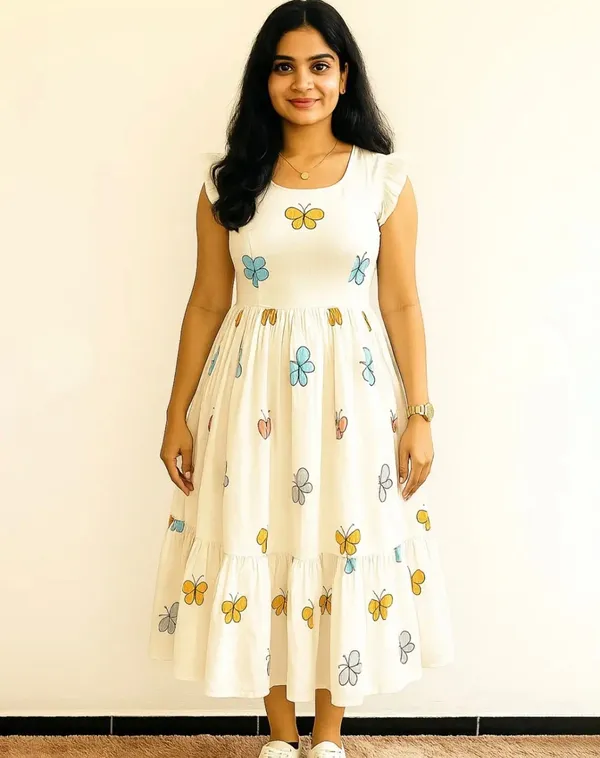 Casual_Floral_Printed_Anarkali_Kurti_Midi_For_Women's_|Butterfly_print_dress_women_|_White_midi_dress_with_print_|_Women's_white_butterfly_dress_|_Midi_dress_with_butterfly_design_|_Short_sleeve_white_butterfly_dress