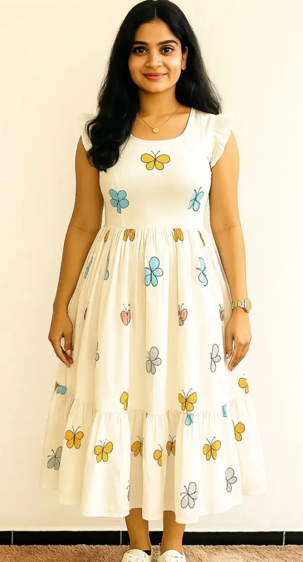 Casual_Floral_Printed_Anarkali_Kurti_Midi_For_Women's_|Butterfly_print_dress_women_|_White_midi_dress_with_print_|_Women's_white_butterfly_dress_|_Midi_dress_with_butterfly_design_|_Short_sleeve_white_butterfly_dress
