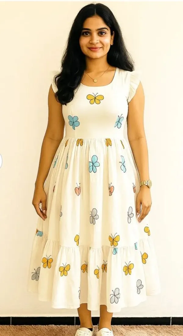 Casual_Floral_Printed_Anarkali_Kurti_Midi_For_Women's_|Butterfly_print_dress_women_|_White_midi_dress_with_print_|_Women's_white_butterfly_dress_|_Midi_dress_with_butterfly_design_|_Short_sleeve_white_butterfly_dress