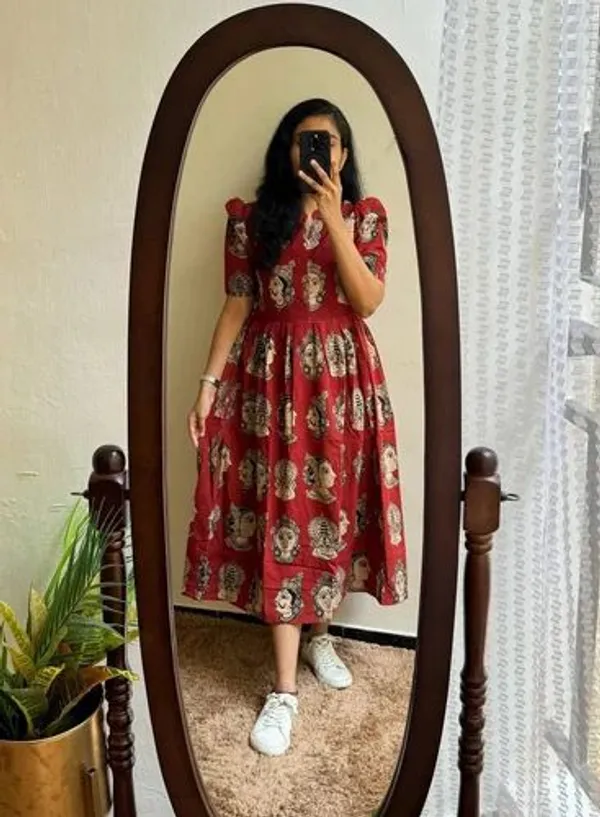 New_trending_jaipuri_Maroon_Ethnic_Face_Print_Puff_Sleeve_Rayon_Flared_Midi_Dress