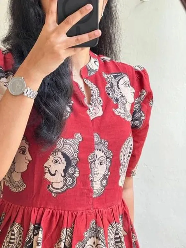 New_trending_jaipuri_Maroon_Ethnic_Face_Print_Puff_Sleeve_Rayon_Flared_Midi_Dress