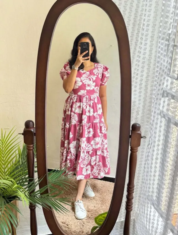 Printed_rayon_Midi_Dress_for_Women_|_Pink_Floral_Midi_Dress_|_Puff_Sleeve_Pink_Dress_|_Trendy_Pink_Midi_Dress_for_Girls_|_Comfortable_rayon_Long_Dress|_Pink_Party_Wear_Midi_Gown