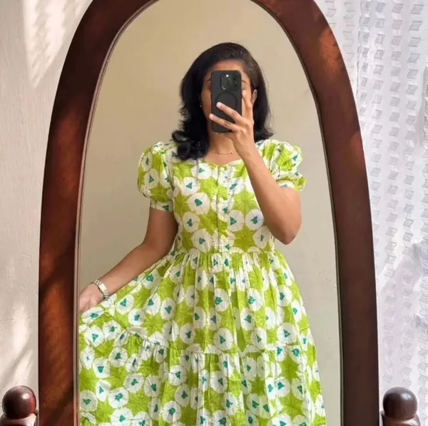 new_trending_green_midi_gown,_puff_sleeve_dress,_rayon_floral_midi,_stylish_green_gown_for_women,_summer_casual_wear_dress,_soft_rayon_green_frock,_latest_midi_gown_2025,_daily_wear_midi_for_girls,_comfortable_fit_&_flare_midi,_elegant_floral_green_dress
