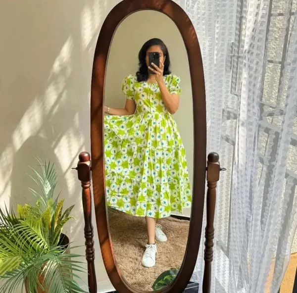 new_trending_green_midi_gown,_puff_sleeve_dress,_rayon_floral_midi,_stylish_green_gown_for_women,_summer_casual_wear_dress,_soft_rayon_green_frock,_latest_midi_gown_2025,_daily_wear_midi_for_girls,_comfortable_fit_&_flare_midi,_elegant_floral_green_dress