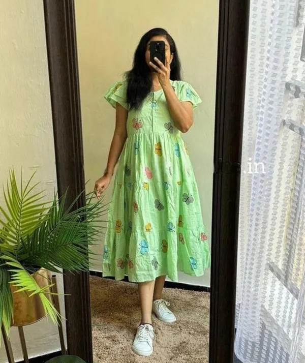 new_trending_green_midi_gown,_puff_sleeve_dress,_rayon_floral_midi,_stylish_green_gown_for_women,_summer_casual_wear_dress,_soft_rayon_green_frock,_latest_midi_gown_2025,_daily_wear_midi_for_girls,_comfortable_fit_&_flare_midi,_elegant_floral_green_dress