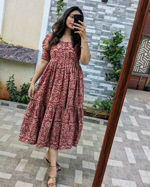 new_trending_midi_dress_2025|stylish_maroon_flared_midi|fit_and_flare_rayon_gown|ethnic_printed_midi_dress|comfortable_daily_wear_dress|trendy_puff_sleeve_midi_dress|casual_wear_rayon_midi_special_for_womens_and_gils.