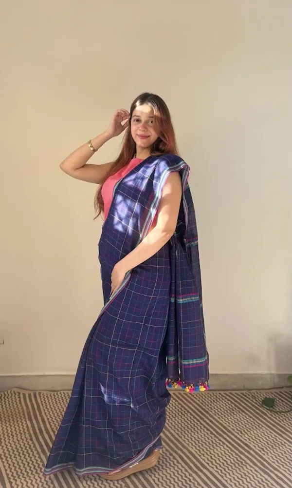 Navy_Blue_Checkered_Mulmul_Cotton_Saree_with_Kantha_Work_&_Tassels