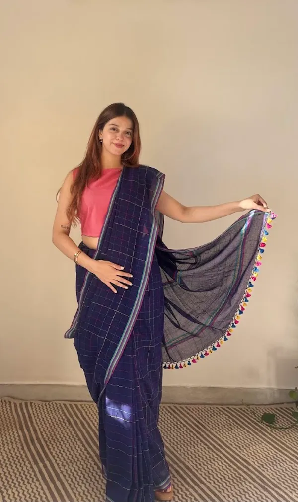Navy_Blue_Checkered_Mulmul_Cotton_Saree_with_Kantha_Work_&_Tassels