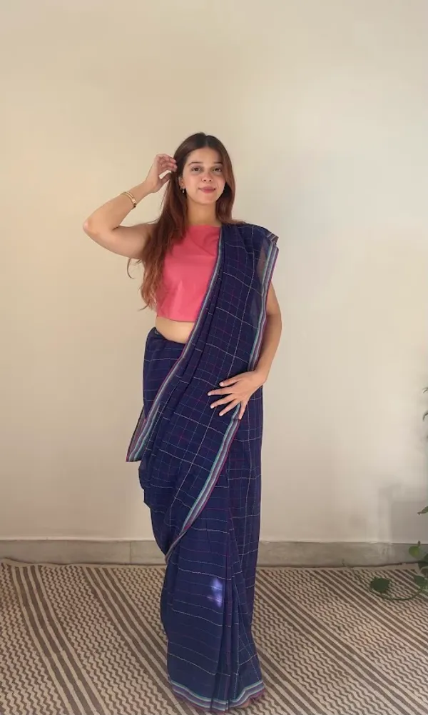 Navy_Blue_Checkered_Mulmul_Cotton_Saree_with_Kantha_Work_&_Tassels