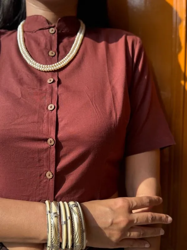 Chestnut_Brown_Mandarin_Collar_Cotton_Blouse
