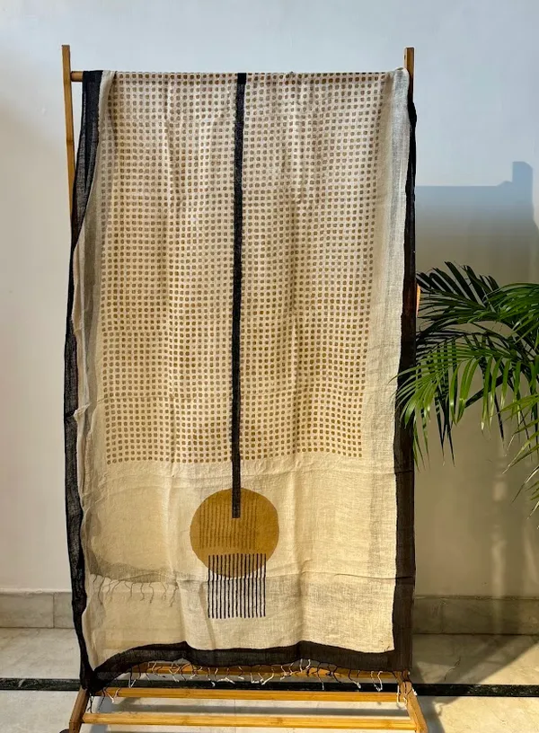 Beige_&_Black_Geometric_Hand_Block_Printed_Pure_Linen_Dupatta