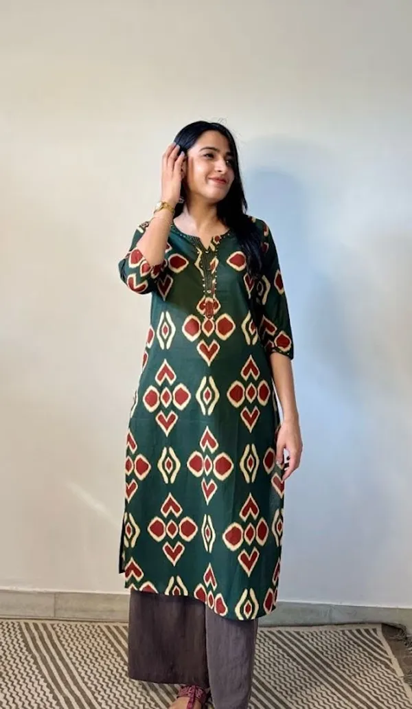 Bottle_Green_Geometric_Ikat_Mulmul_Kurti